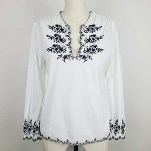Sundance Blouse 10 White Black Cotton Embroidered Boho V-Neck Lightweight Top